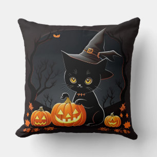 Black Kitten in Witch Hat Amid Halloween Pumpkins Throw Pillow