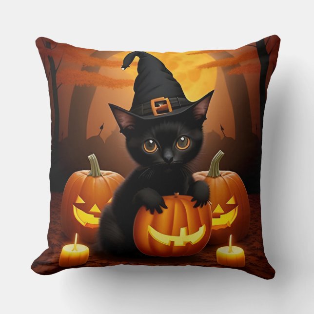Black Kitten in Witch Hat Amid Halloween Pumpkins Throw Pillow (Front)