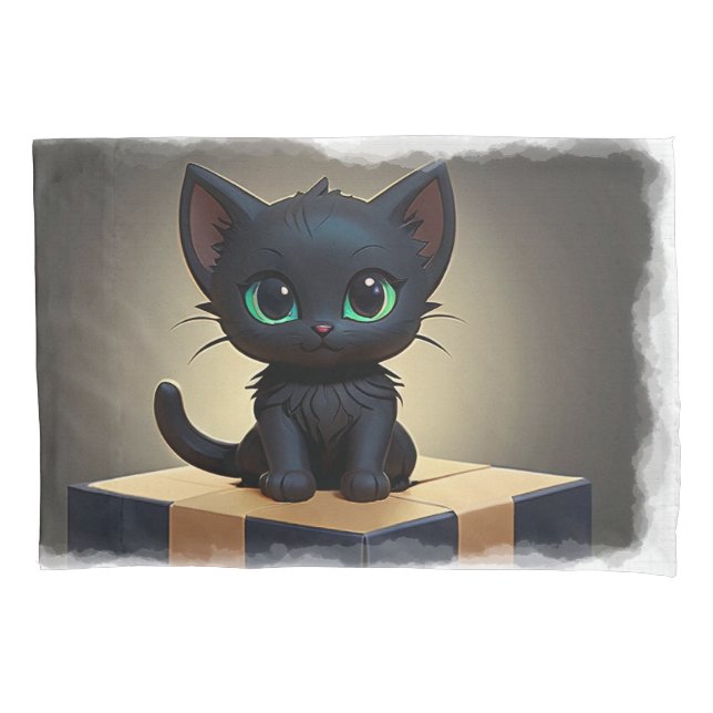 Black Kitten on a Box Cartoon Art Pillowcase (Front)