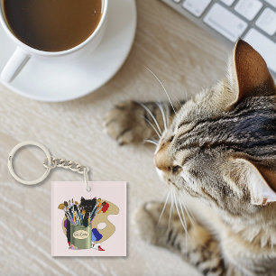 Black Kitten Paint Brush Jar Artist Cat Pink Keychain