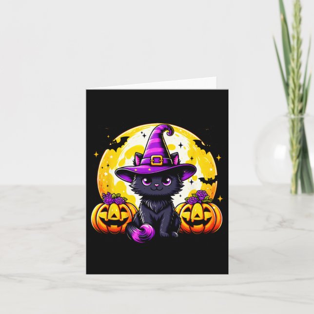 Black Kitten Pumpkin Cat Witch Hat Spooky Season H Card (Front)