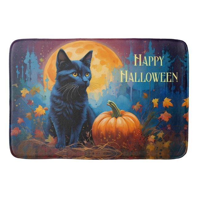 Black Kitten Pumpkin Full Moon Autumn Leaves Bath Mat (Front)