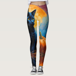Black Kitten Pumpkin Full Moon Autumn Leaves Leggings