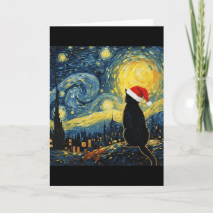 Black Kitten Santa Hat Van Gogh Style Starry Night Card