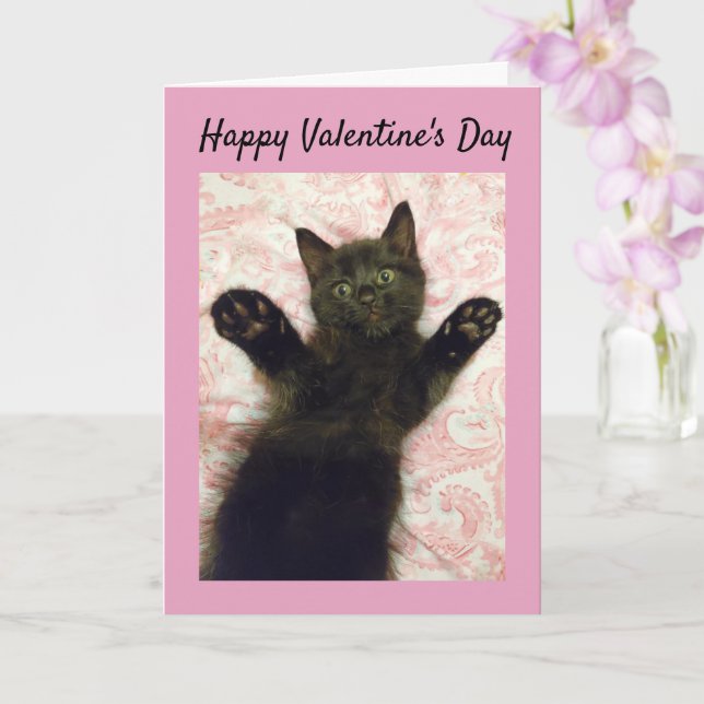 Black kitten Valentine's Day card (Orchid)