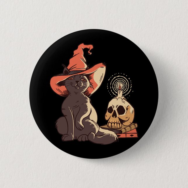 Black Kitten Witch Halloween Design 2 Inch Round Button (Front)