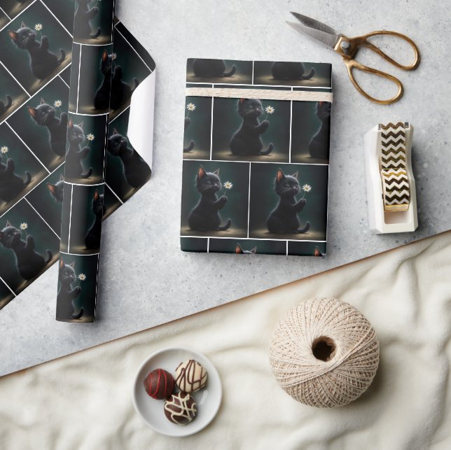 Black Kitten With a White Daisy Wrapping Paper (Crafts)