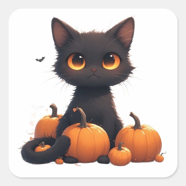 Black Kitten With Harvest Pumpkin Square Sticker (Front)