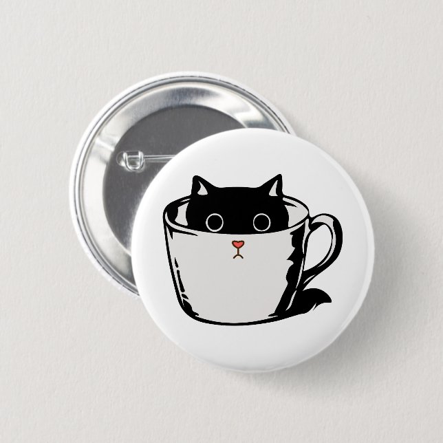 Black kitten with red nose hiding in a cup 2 inch round button (Front & Back)