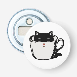 Black kitten with red nose hiding in a cup bottle opener