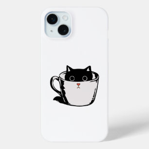 Black kitten with red nose hiding in a cup iPhone 15 mini case