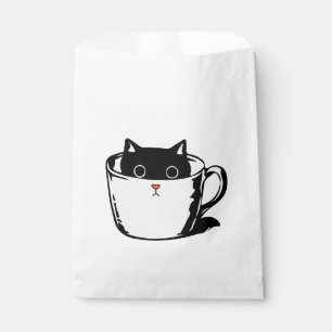 Black kitten with red nose hiding in a cup favour bag