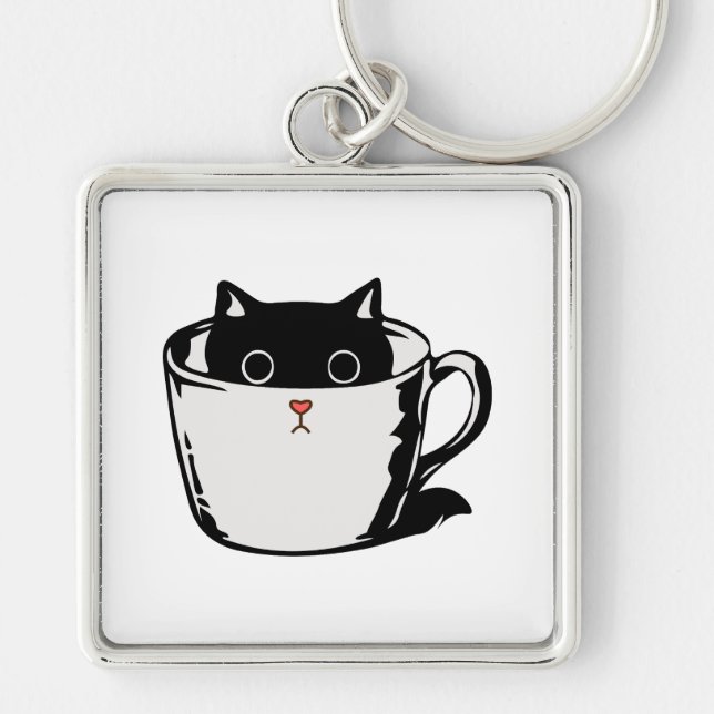Black kitten with red nose hiding in a cup keychain (Front)