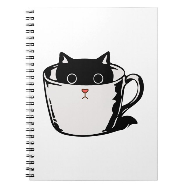 Black kitten with red nose hiding in a cup notebook (Front)