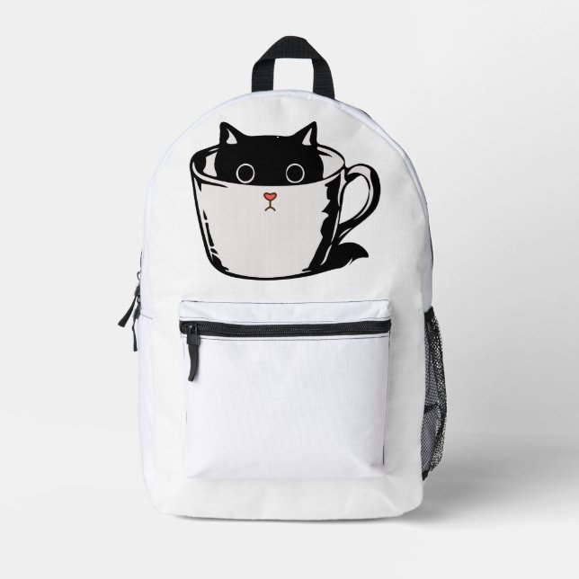 Black kitten with red nose hiding in a cup printed backpack (Front)