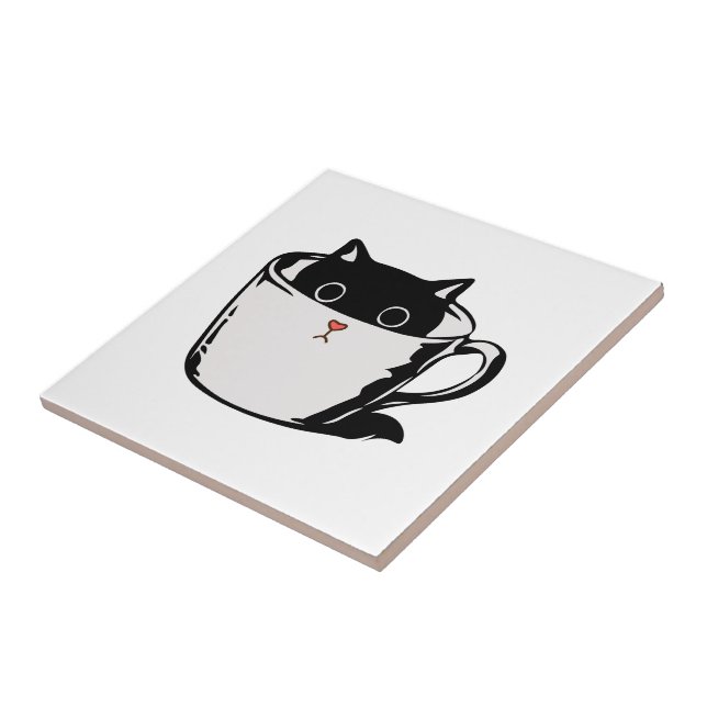 Black kitten with red nose hiding in a cup tile (Side)
