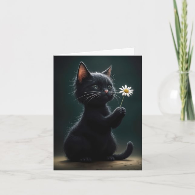 Black Kitten With White Daisy Note Card (Front)