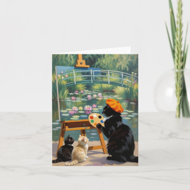 Black Kitty Artist Painting Monet Water Lilies Thank You Card (Front)