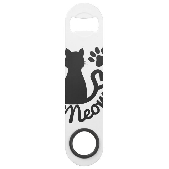 Black Kitty Cat and "Meow" Paw Print Speed Bottle Opener (Front)