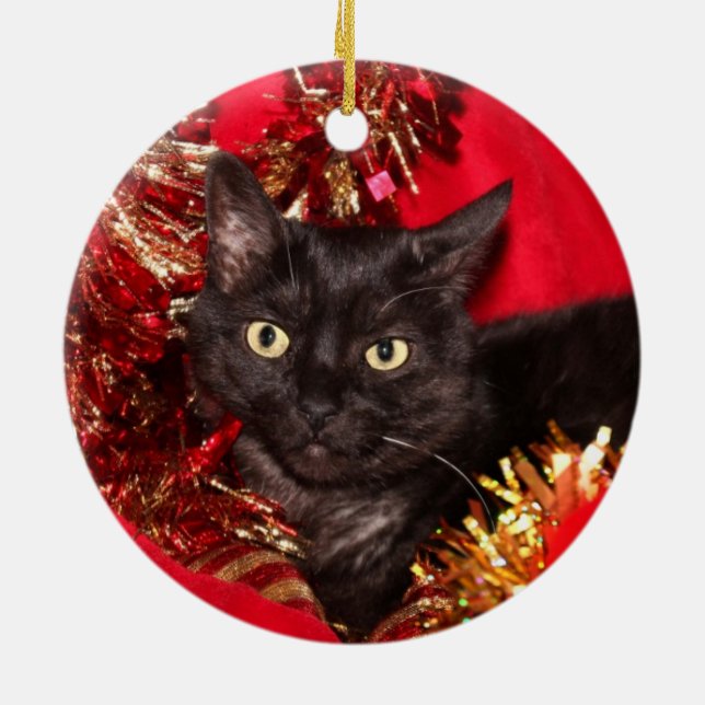 Black kitty cat Christmas Ceramic Ornament (Back)