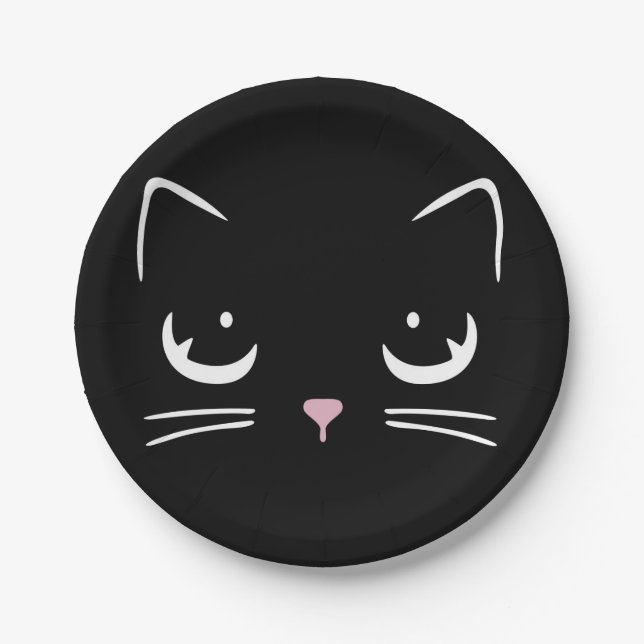 Black Kitty Cat Face Paper Plate (Front)