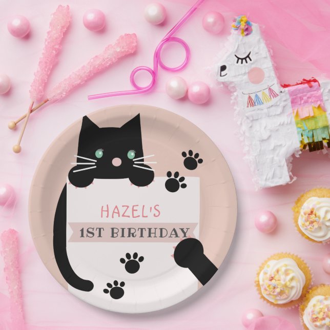 Black Kitty Cat Girl Pink Birthday Paper Plate (Party)