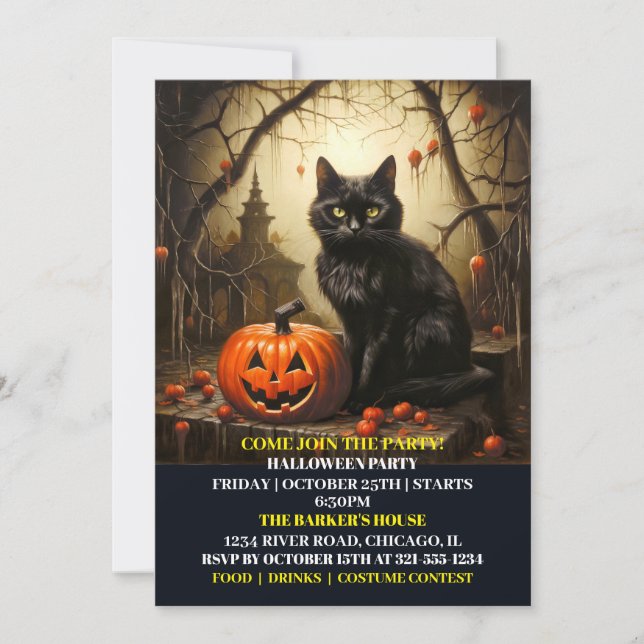 Black Kitty Cat Halloween Bash Invitations (Front)