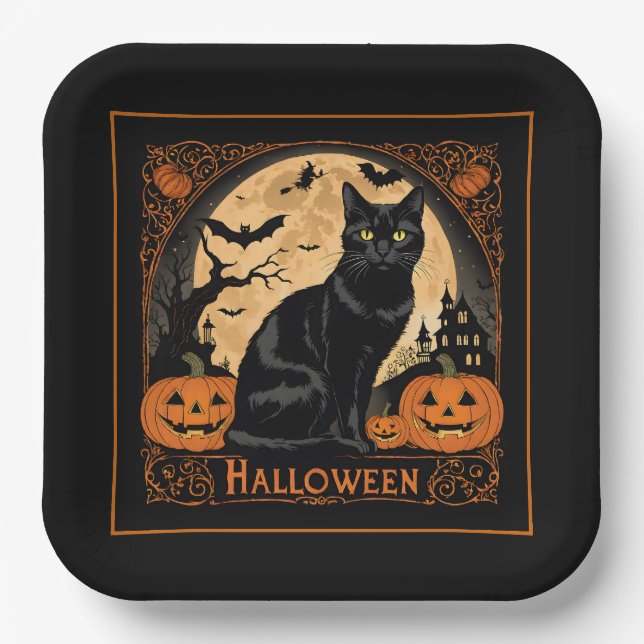 Black Kitty Cat Halloween Paper Plate (Front)