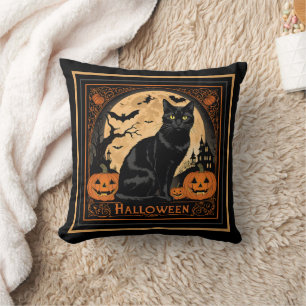Black Kitty Cat Halloween Throw Pillow