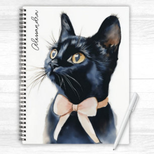 Black Kitty Cat in Peach Bow Personalized Notebook