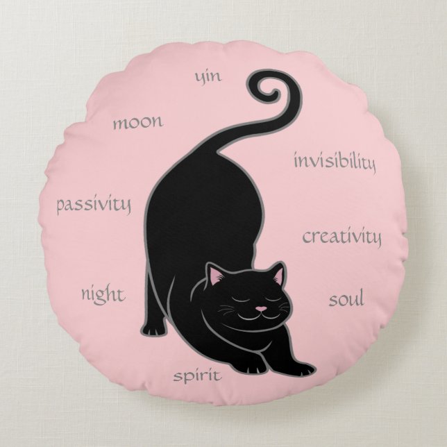 Black Kitty Cat Yoga & Editable Text on Pink Round Pillow (Front)