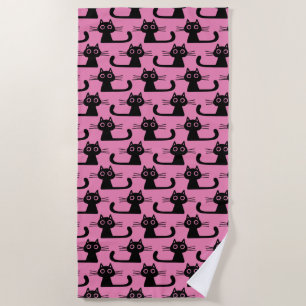 Black Kitty Cats Pattern Pink   Fun Animal Lover's Beach Towel