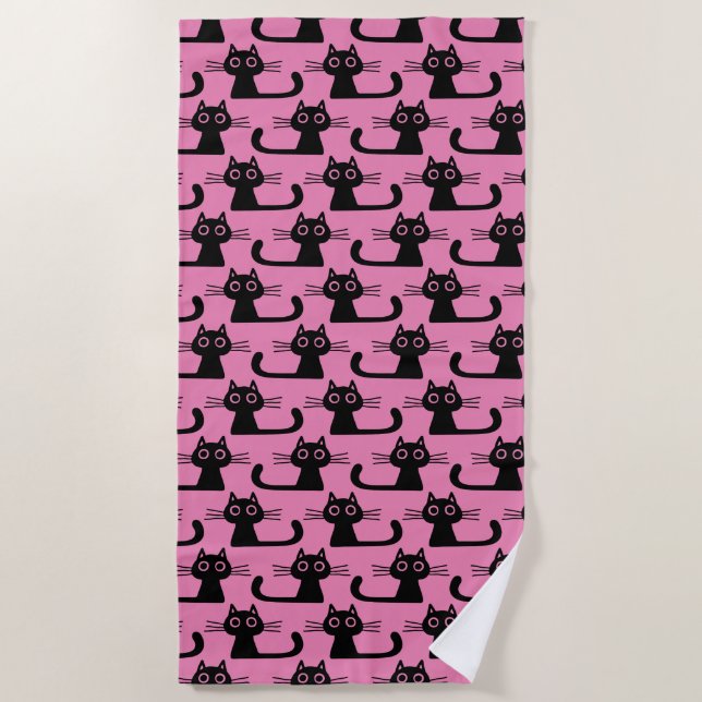 Black Kitty Cats Pattern Pink | Fun Animal Lover's Beach Towel (Front)