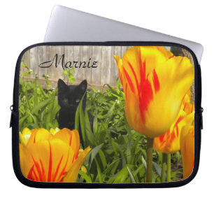 Black Kitty in the Tulips Laptop Sleeve