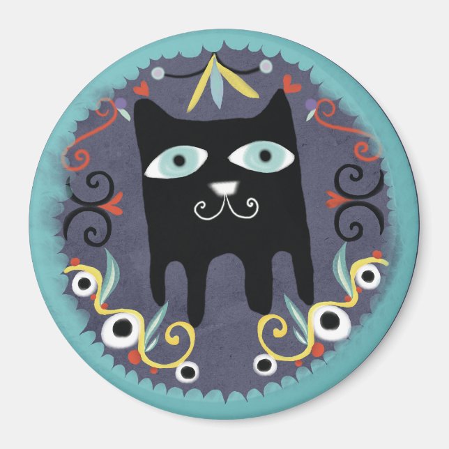 Black Kitty Lovely Kawaii Cat Blue Magnet (Front)