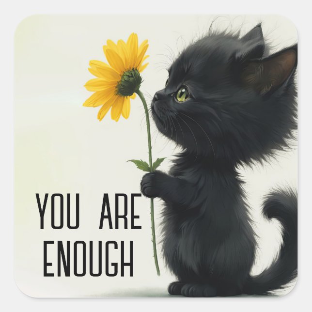 Black Kitty With Daisy and Quote Square Sticker (Front)