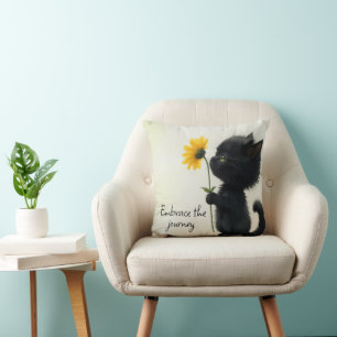 Black Kitty With Yellow Daisy and Quote Throw Pillow