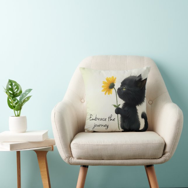 Black Kitty With Yellow Daisy and Quote Throw Pillow (Chair)