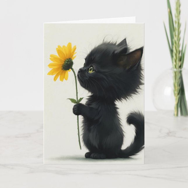 Black Kitty With Yellow Daisy  Card (Front)