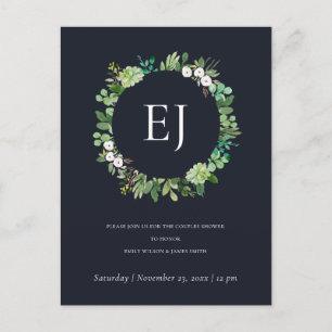 BLACK KRAFT FOLIAGE WREATH MONOGRAM COUPLES SHOWER INVITATION POSTCARD