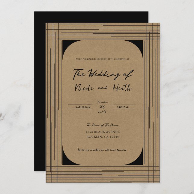 Black Kraft Minimal Modern Lines Wedding Invitation (Front/Back)