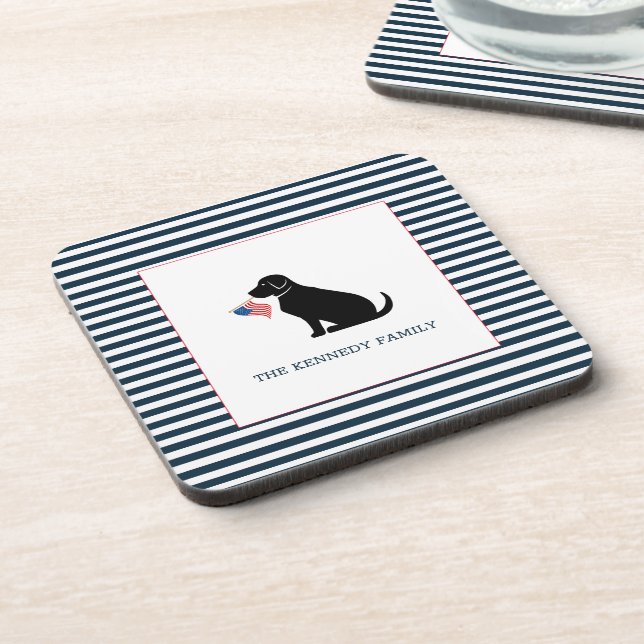 Black Lab American Flag Personalized Family Name  Coaster (Left Side)