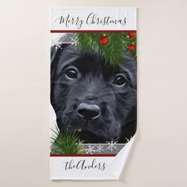 Black Lab Christmas - Chiot Labrador personnalisé (Serviette de bain)