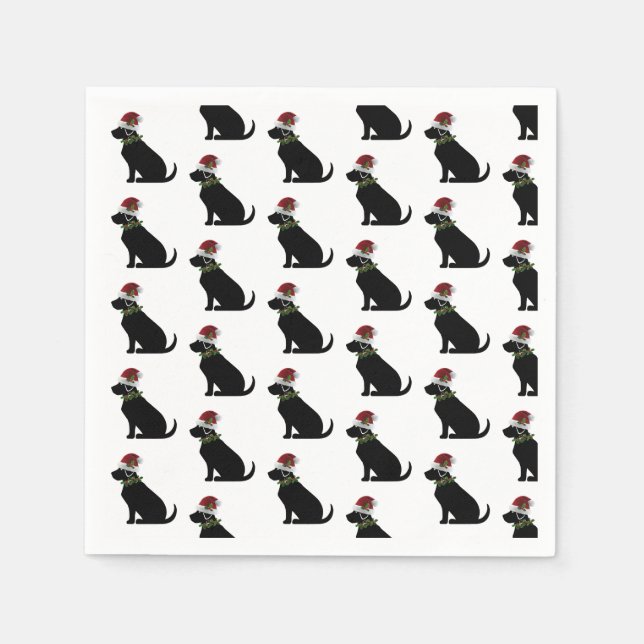Black Lab Dog Christmas Santa Hat Holly Modern Napkin (Front)