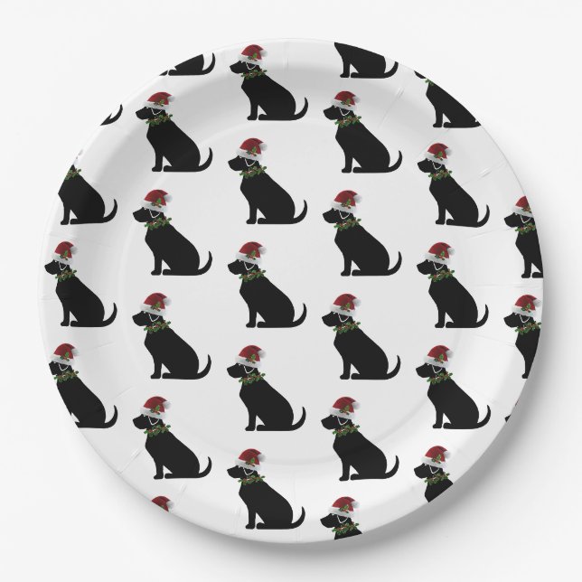 Black Lab Dog Christmas Santa Hat Holly Modern  Paper Plate (Front)