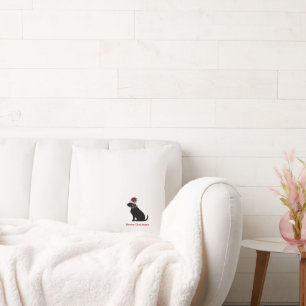 Black Lab Dog Merry Christmas Santa Hat Holly Fun Throw Pillow