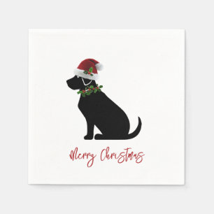 Black Lab Dog Merry Christmas Santa Hat Holly  Napkin