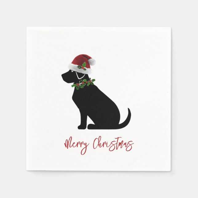 Black Lab Dog Merry Christmas Santa Hat Holly  Napkin (Front)