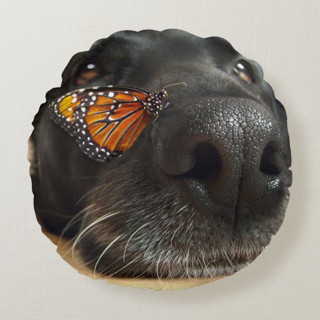 BLack Lab Dog With Butterfly Round Pillow (Front)