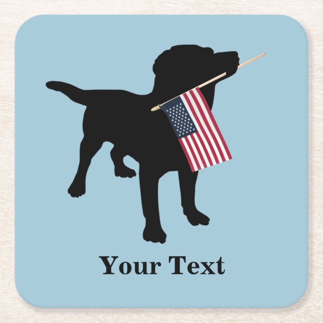 Black Lab Dog with USA American Flag, 4th of July Square Paper Coaster (Front)